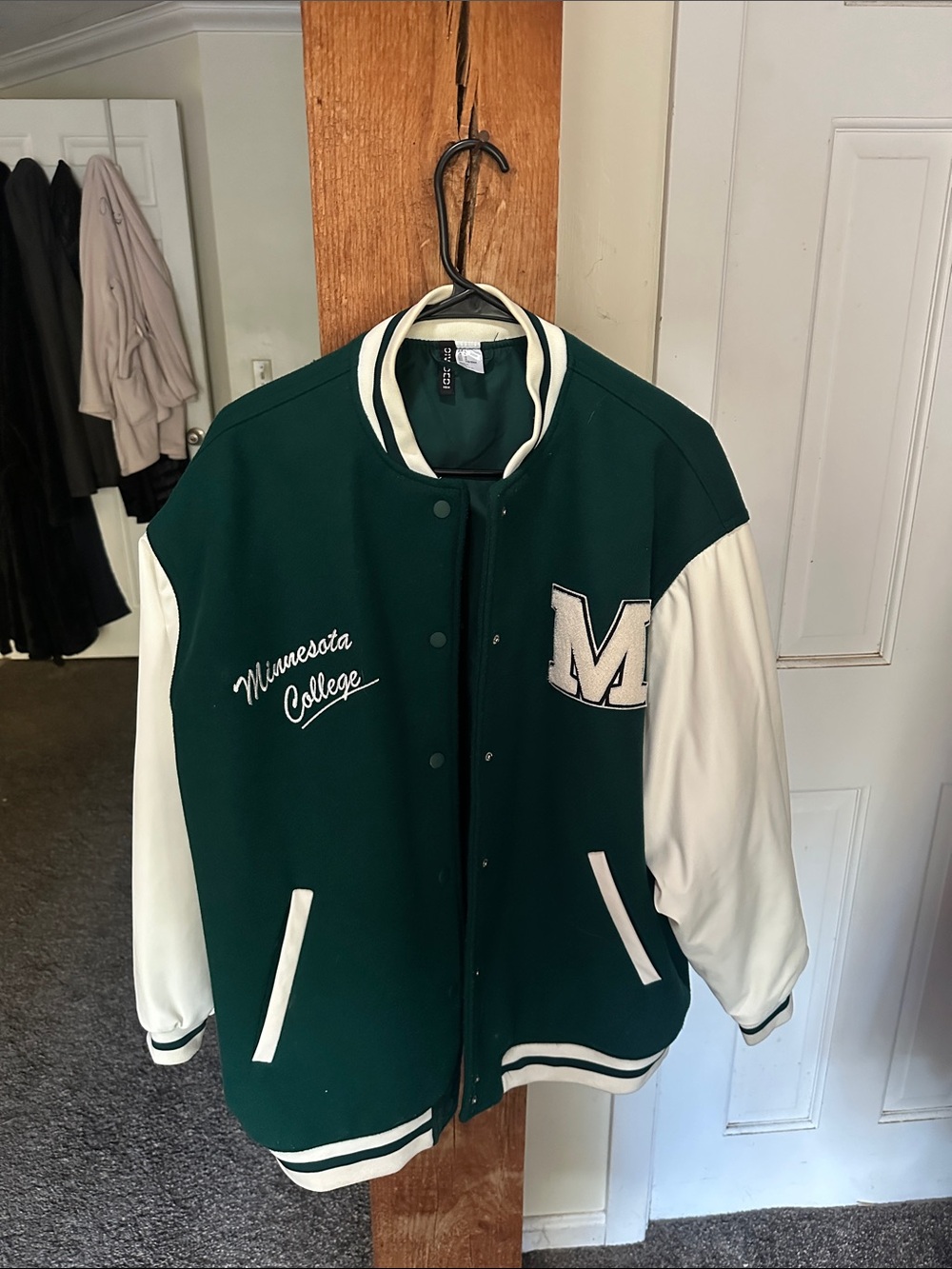 Divided Green and White Varsity Bomber Jacket